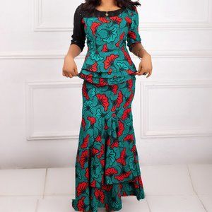 Red teal african print suit with lace 3/4 sleeves